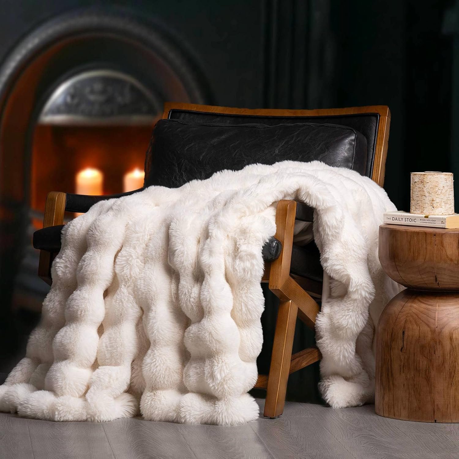 EverGrace Faux Rabbit Fur Bubble Throw Blanket, 60″x80″, Ivory White