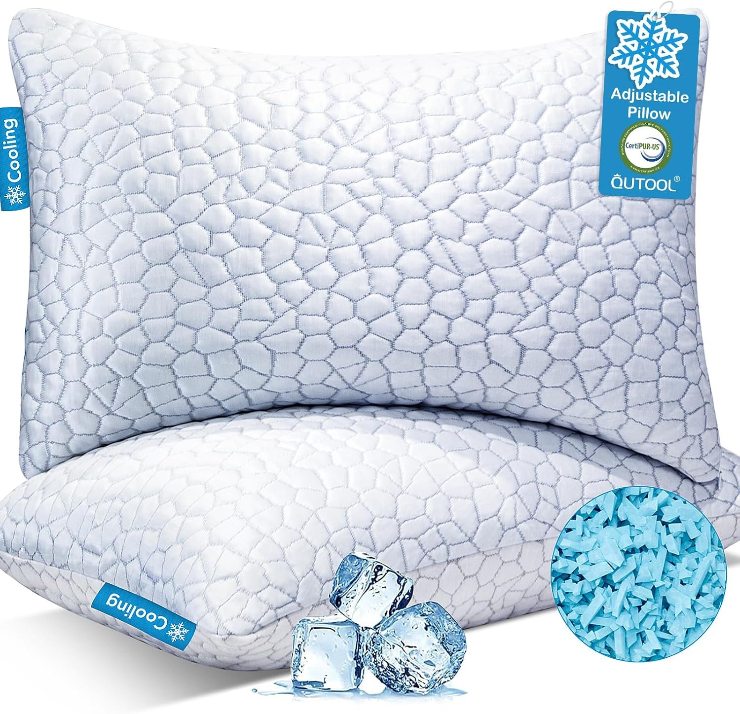 QUTOOL Cooling Pillow for Sleeping, CertiPUR-US Shredded Memory Foam King Pillows Set of 2, Cool Pillow for Hot Sleepers Adjustable Firm Pillow for Side, Back, Stomach Sleepers Soft Yet Support,White