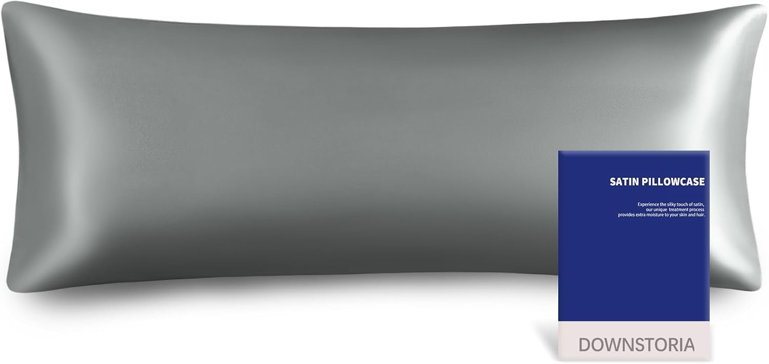 DOWNSTORIA Satin Body Pillow Cover Similar to Silk Body Pillow Pillowcase 1 Pack,Smooth and Cooling, Gray Silky Envelope Closure Large Long Pillow Cases, Gifts for Women Men(20×54 Inches, Grey)