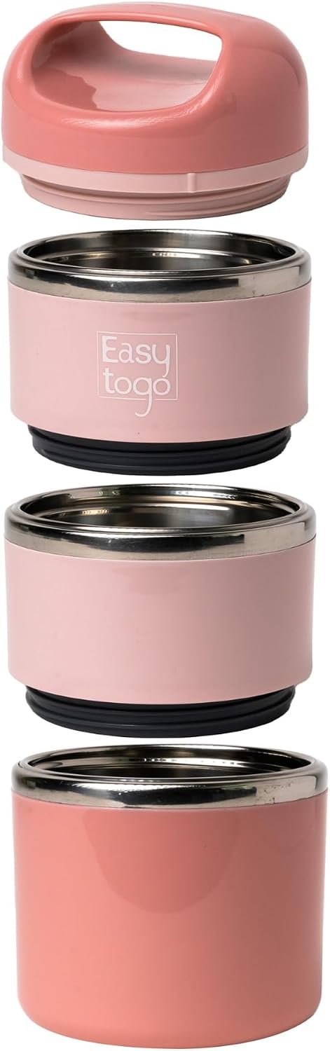 Easy Togo 3 Tier Lunch Box 43Oz-Pink Stainless Steel Stackable Lunch Box with Cutlery Set, Portable Lunchbox, Portion Control Meal Prep Togo Lunch Containers for Adults, Women, Men