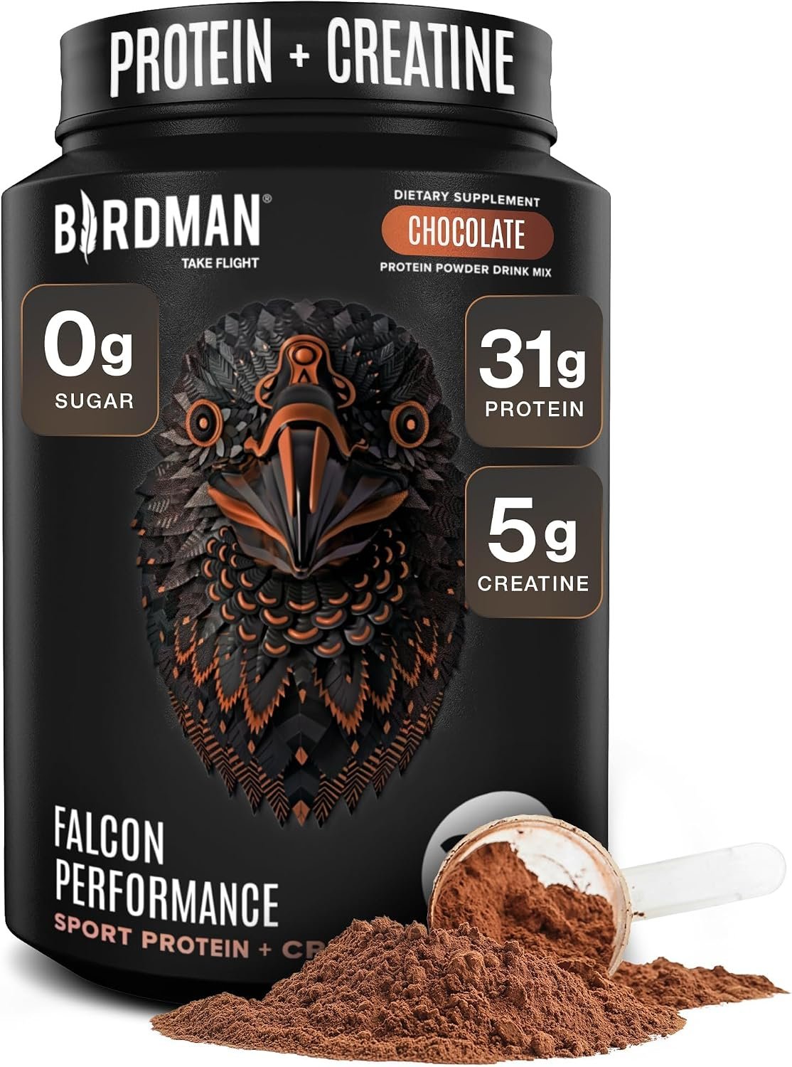 Birdman Falcon Performance Vegan Protein Powder, 31g Protein, 5g Creatine, 5g BCAA, Probiotics, Electrolytes, Pre Workout, Low Carb, Sugar Free & Dairy Free, Plant Based Chocolate Protein -19 servings