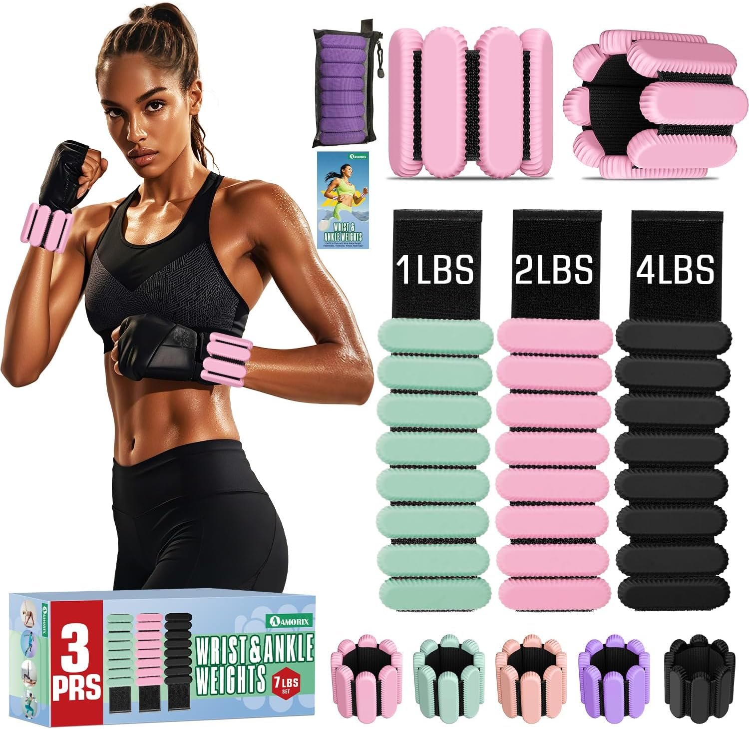 AMORIX Ankle Weights for Women Men 3 Pairs (Total 7lbs) Wrist Weights