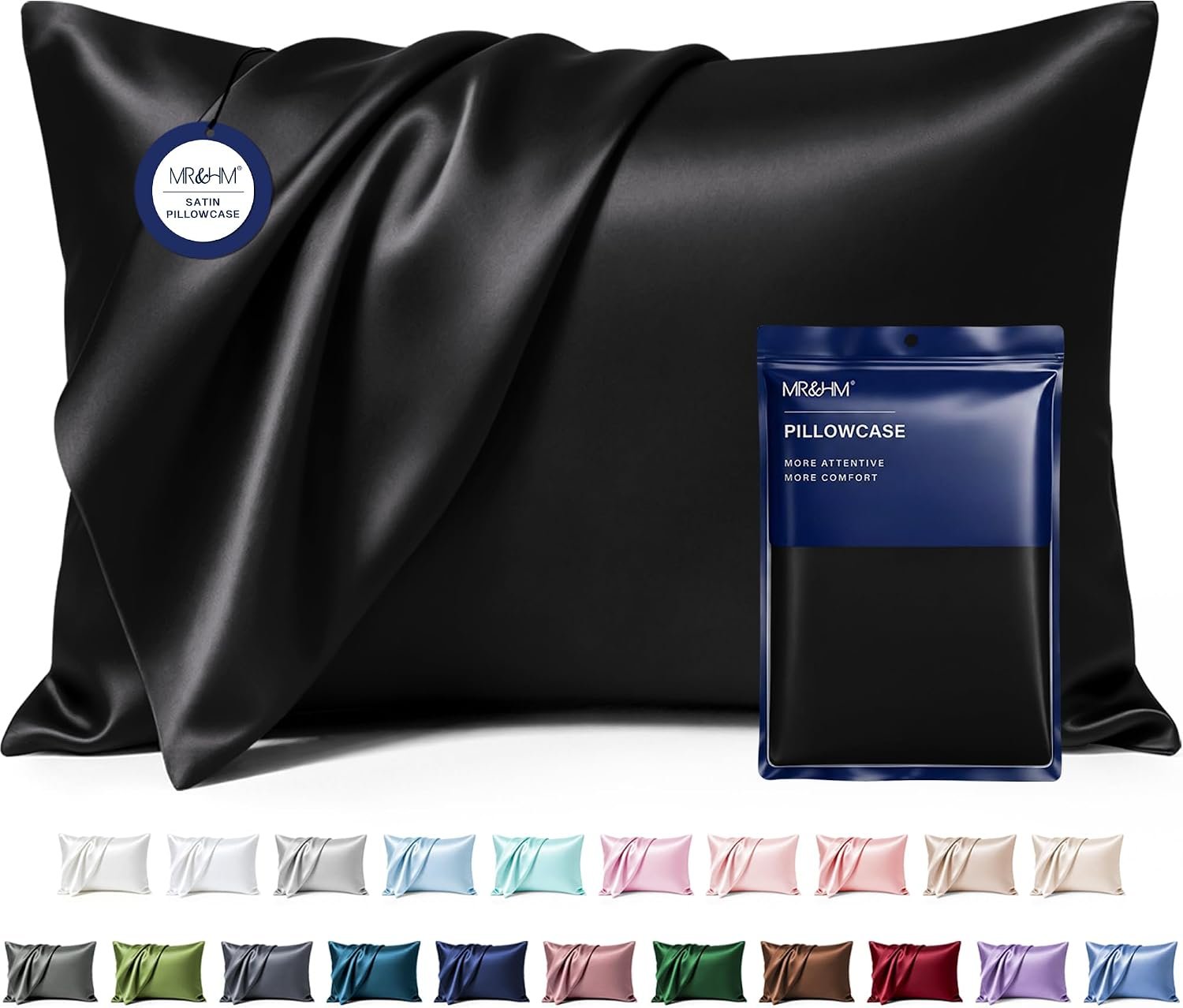 MR&HM Satin Pillowcase 2 Pack, Queen Size 20″x30″, Black