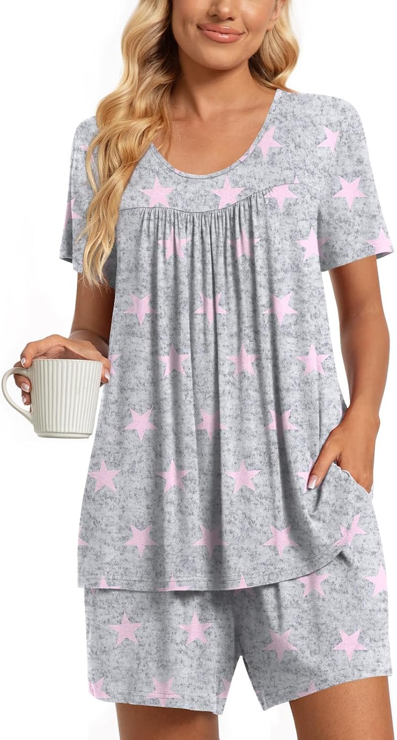 TAOHUADAO 2 Piece Women’s Short Sleeve Pajama Sets, Lounge Sleepwear Ladies Pjs Sets with Pockets