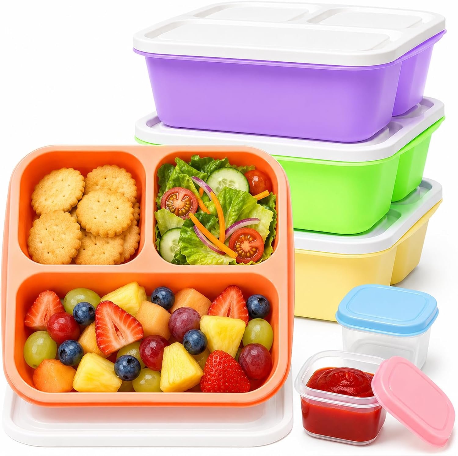 Bento Box Snack Containers, 3 Compartment Lunch Containers for Adults, Reusable Stackable Meal Prep & Food Storage Containers with Leakproof Sauce Cups, 4 Pack