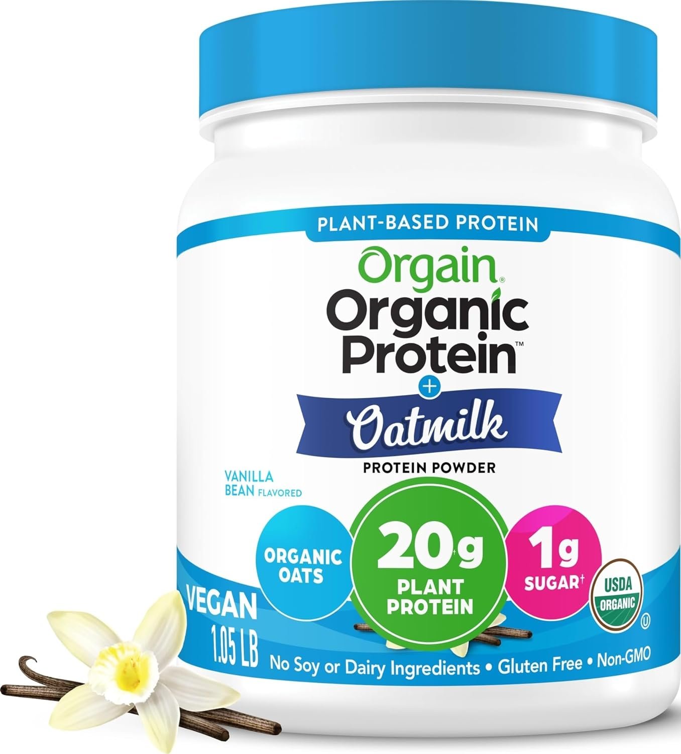 Orgain Organic Vegan Protein Powder + Oat Milk, Vanilla Bean – 20g Plant Based Protein, Gluten Free, No Dairy, Soy or Lactose Ingredients, Low Sugar, Non-GMO, Kosher, For Shakes & Smoothies – 1.05lb