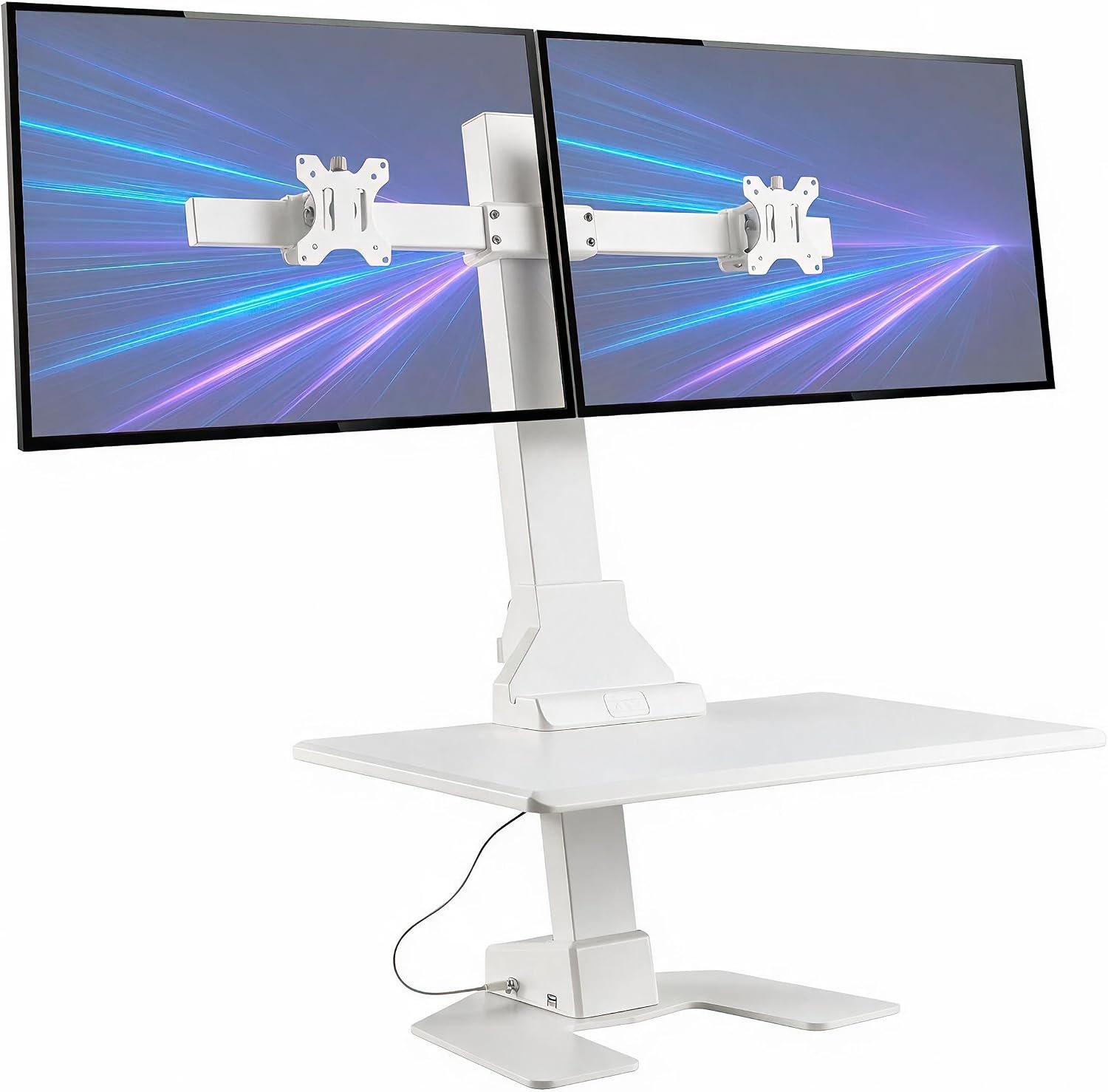 Mount-It! Electric Standing Desk Converter, Motorized Sit Stand Desk Riser with Dual Monitor Mounts, Adjustable Height Ergonomic Workstation with 28” Wide Platform and Tablet/Phone Slot, White