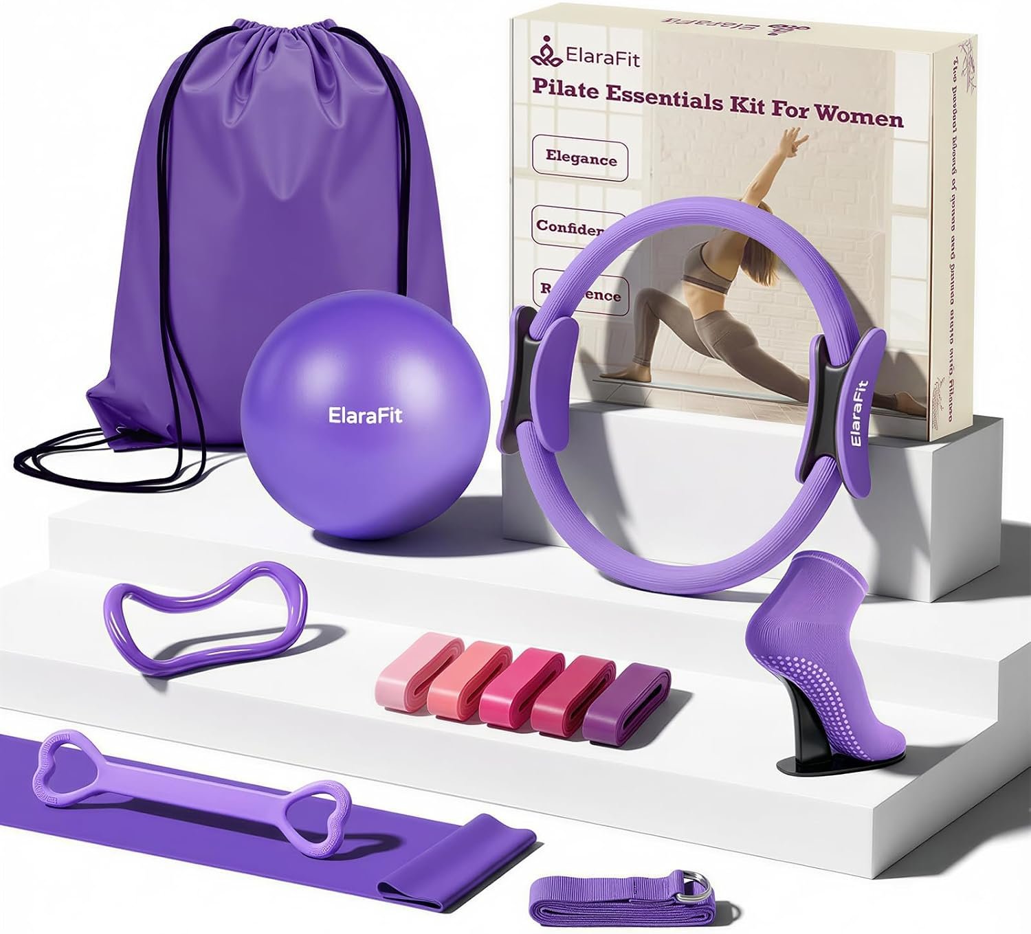 Home Pilates Ring and Ball Set for Women with 5 Resistance Bands 13 inch Magic Circle Workout Starter Kit for Beginners Full Body Toning 15 Min Daily Routine
