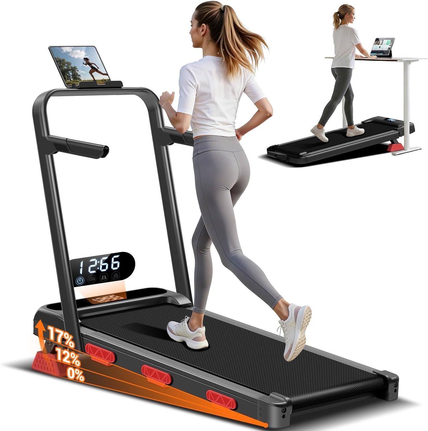 EviTrend17% Incline Foldable Walking Pad Treadmill with Stable Handle Bar