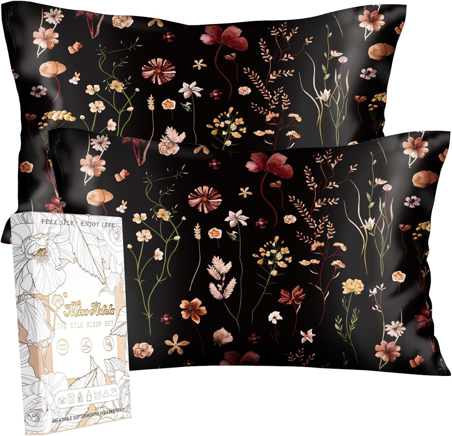 Miss Adola 2pcs Silk Pillowcase with Hidden Zipper, BLK Grow Flower