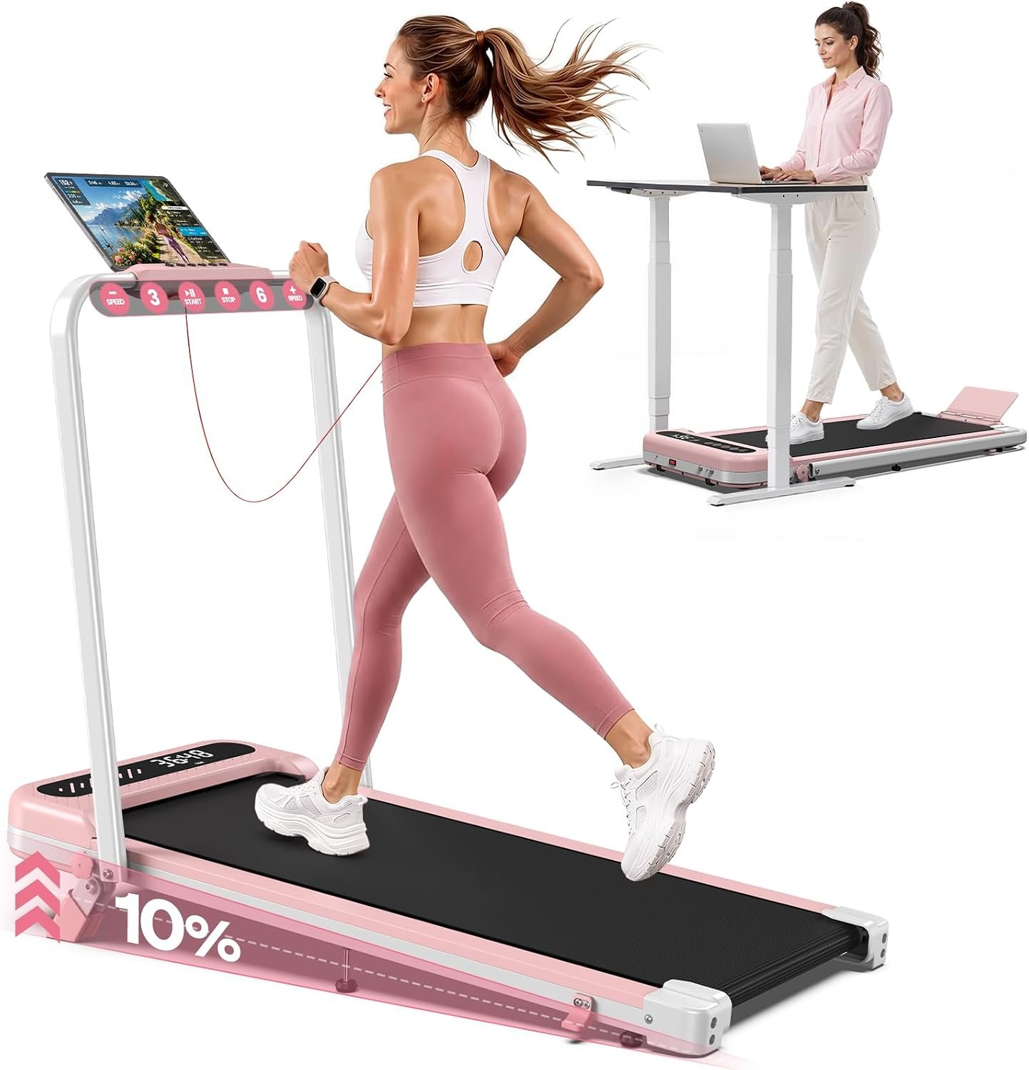 Cardirun Pink Walking Pad with 10% Incline & Handle Bar, Foldable Treadmill