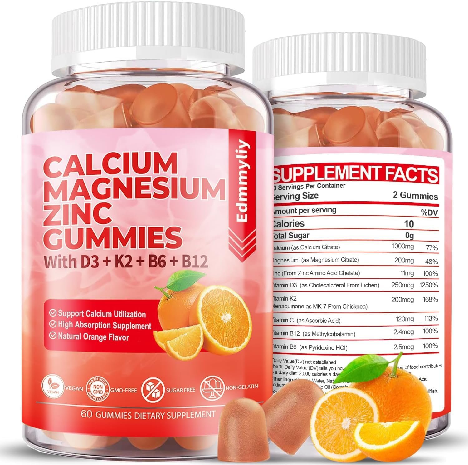 Calcium Magnesium Zinc Supplement Gummies – with Vitamin D3 & B12 for Adult