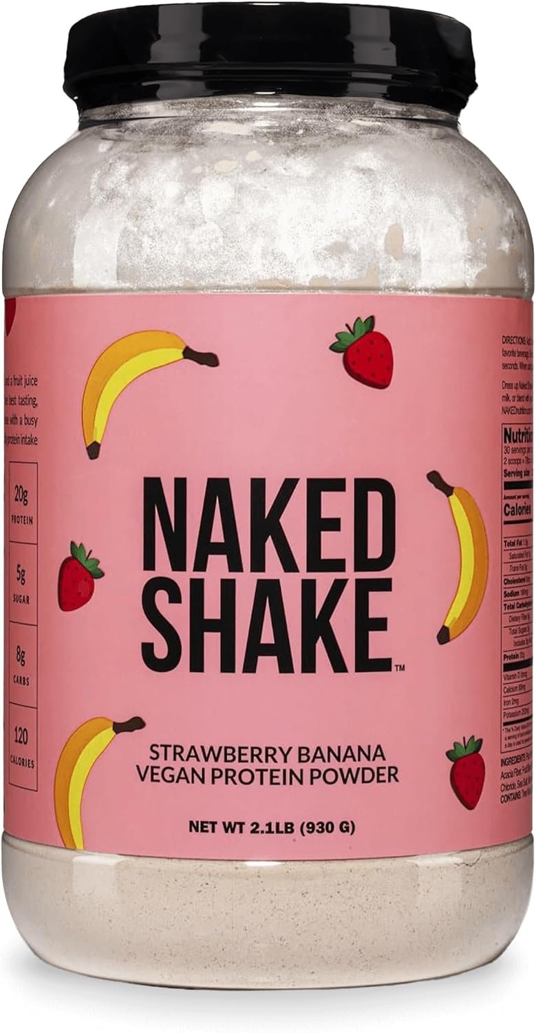 NAKED Shake – Vegan Protein Powder, Strawberry Banana – Flavored Plant Based Protein with Mct Oil, NSF Certified, Gluten-Free, Soy-Free, No Gmos Or Artificial Sweeteners – 30 Servings