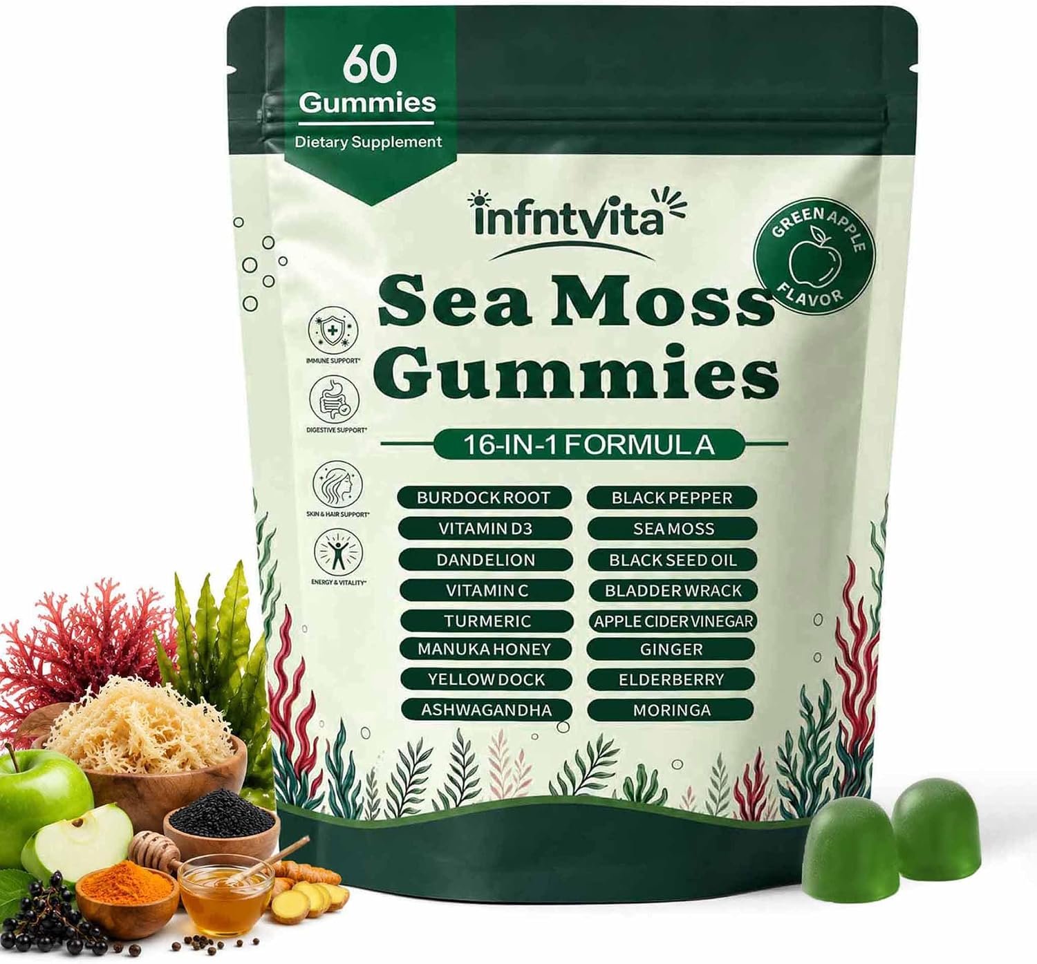 Sea Moss Gummies 16-in-1 with Ashwagandha, Black Seed Oil, Ginger, Turmeric, Manuka Honey, Black Pepper, Moringa, Elderberry–Daily Wellness & Immune Support–Apple Flavor, 60 Gummies