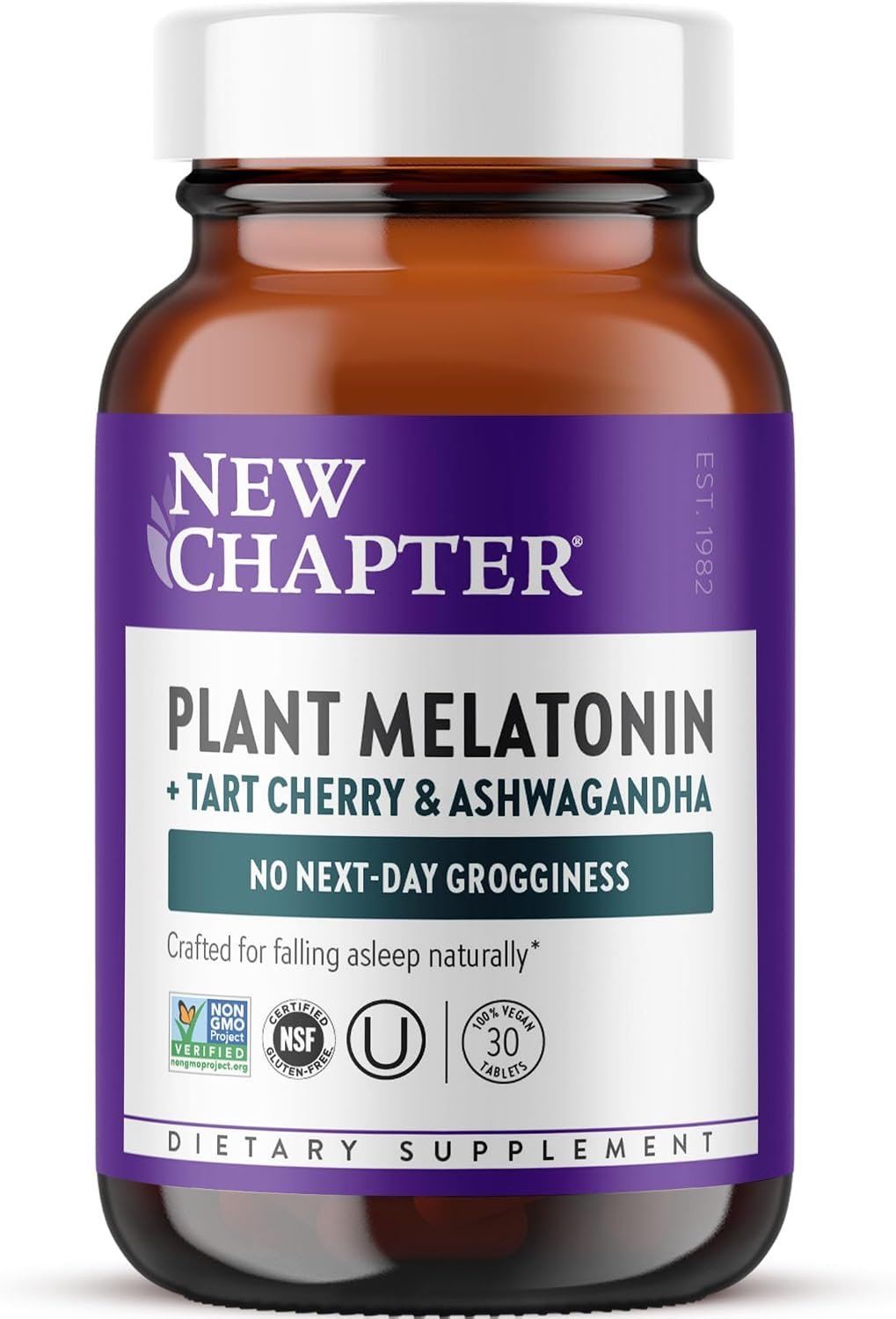 New Chapter Plant Melatonin 2mg – Sleep Aid for Adults with No Next-Day Grogginess, Nature-Inspired Sleep Formula Made with Melatonin from Tomato + Tart Cherry & Ashwagandha – Non-GMO, 30ct