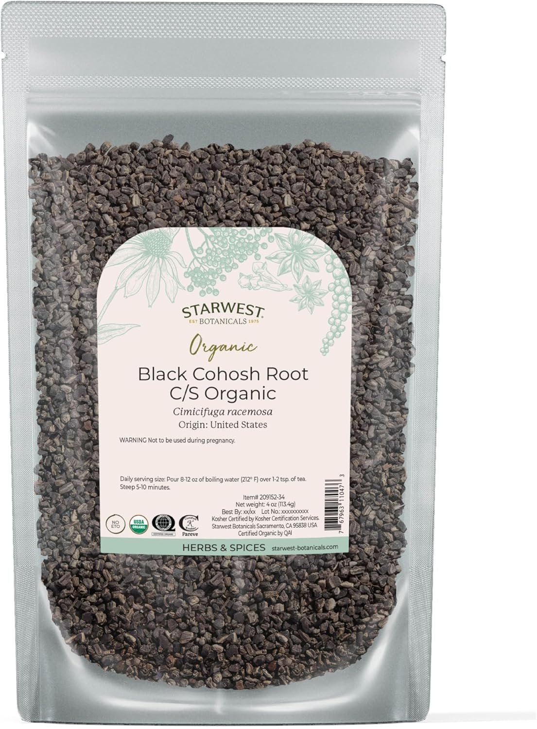 Starwest Botanicals Organic Black Cohosh Root, Cut & Sifted – 4 oz Pouch