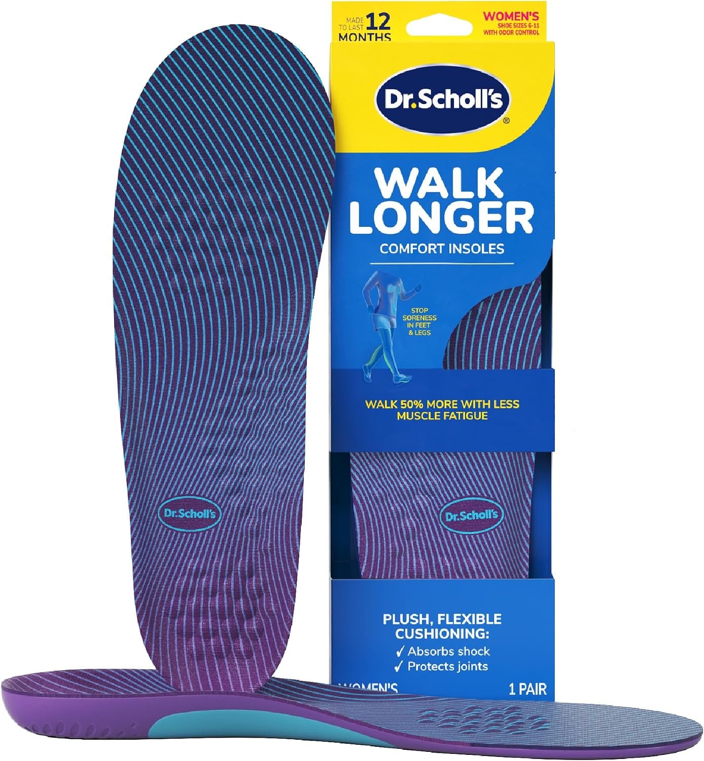 Dr. Scholl’s Walk Longer Insoles – Comfortable Plush Foam Cushioning Inserts for Walking, Hiking, and Standing on Feet All-Day with Arch Support – Walk 50% Longer Without Muscle Fatigue