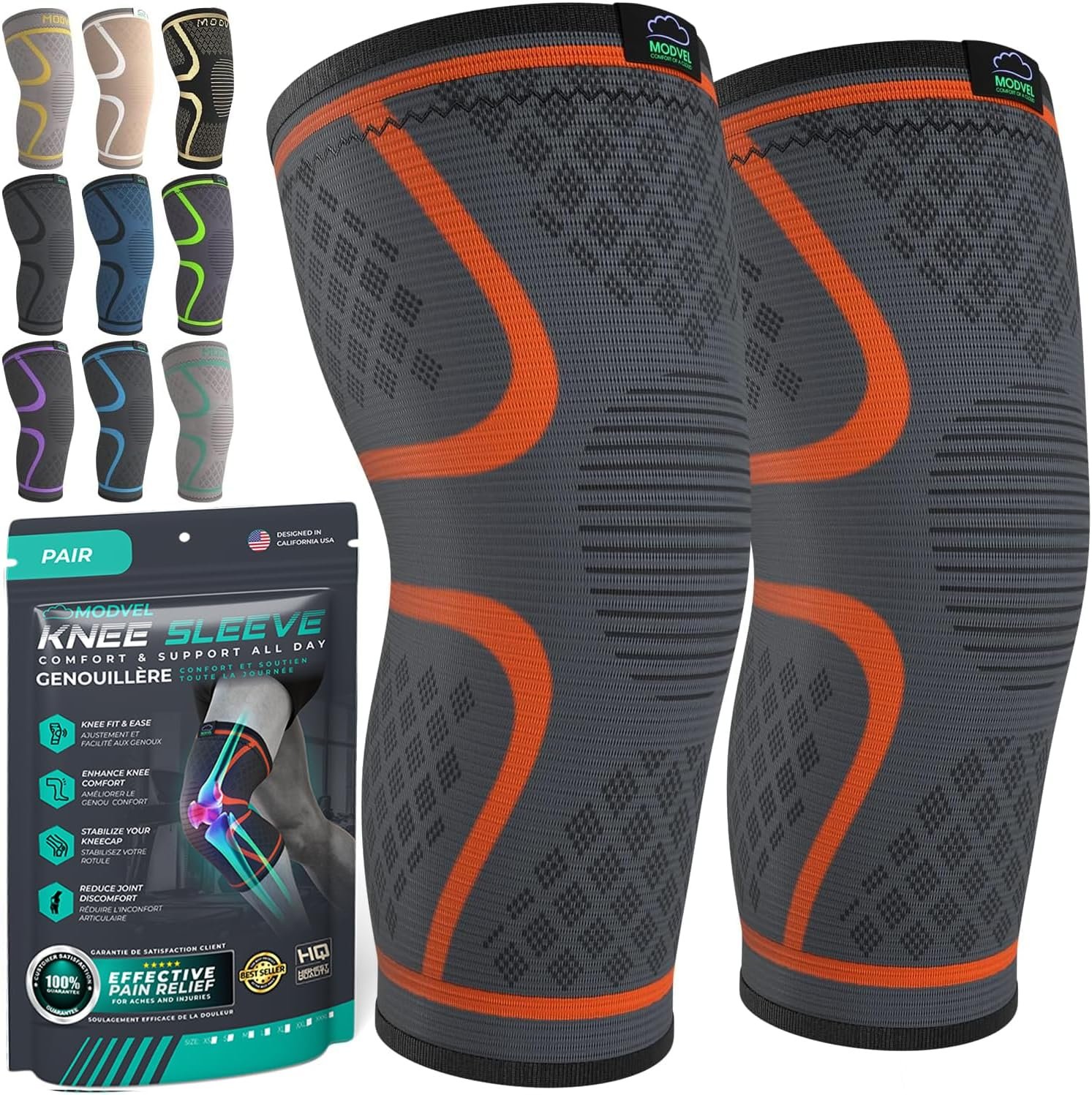 Modvel Compression Knee Brace for Women & Men – 2 Pack Knee Brace for Women Running Knee Pain, Knee Support Compression Sleeve, Workout Sports Knee Braces for Meniscus Tear ACL & Arthritis Pain Relief