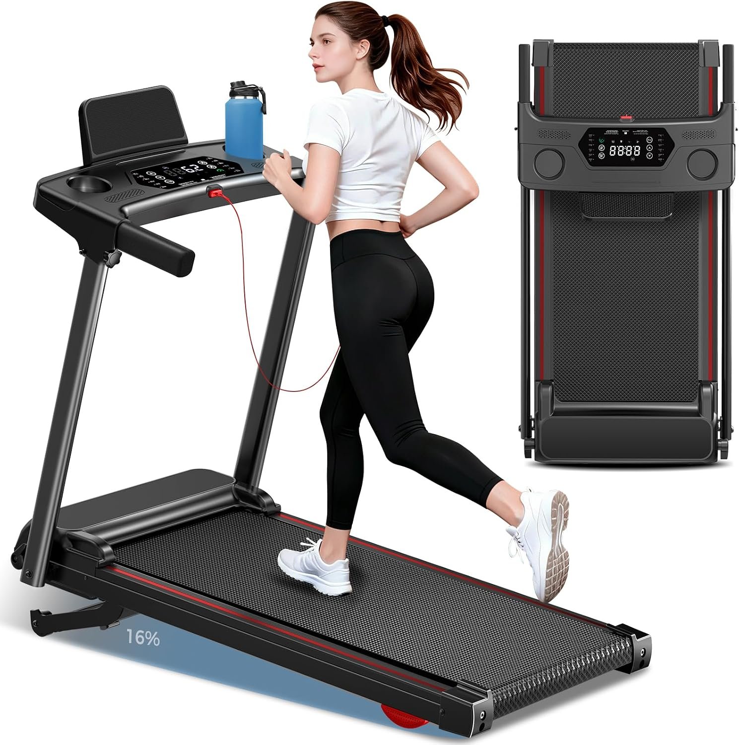 Treadmill with 0-16% Auto Incline, 0.6-7.5MPH Walking Pad Treadmills for Home, 3.0 HP Low Noise Foldable Treadmill with Handle Bar and LED Display, Walking Running Machine, 350LBS Capacity