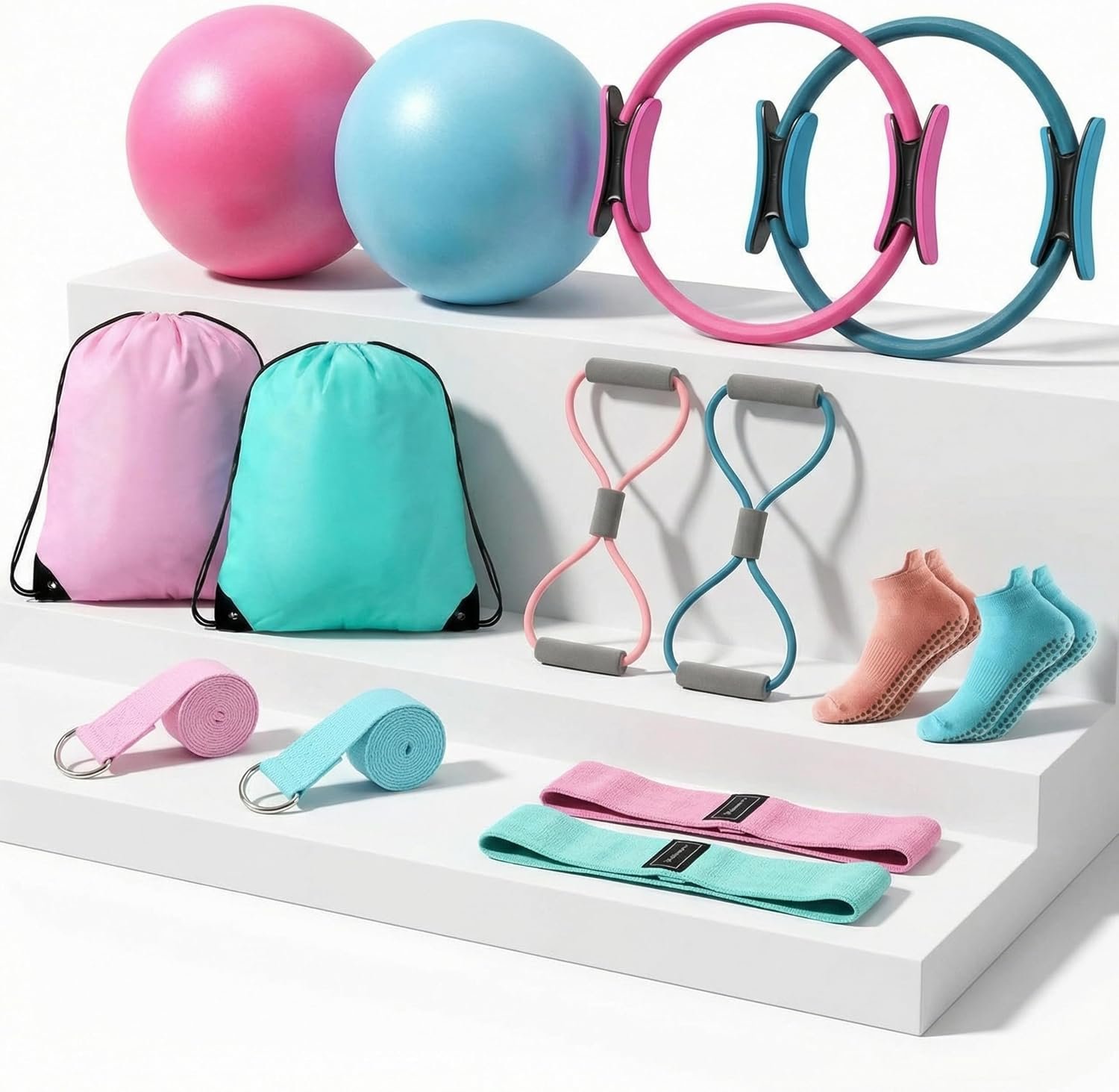 Poen Pilates Equipment Kit for Home Workout Pilates Ring and Ball Set for Women 12” Circle Yoga Fitness Essentials Kit with Resistance Bands, Yoga Strap, Socks,Bag
