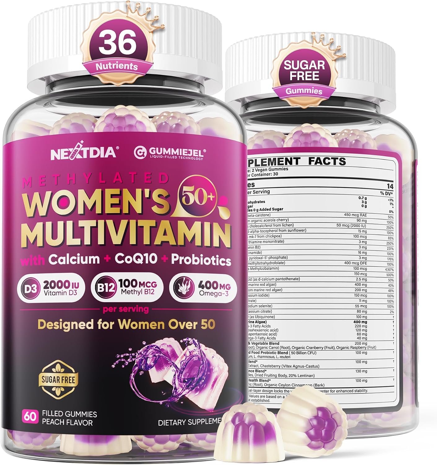 Multivitamin for Women 50 Plus Gummies, Vegan Omega 3, Calcium D3 K2, CoQ10