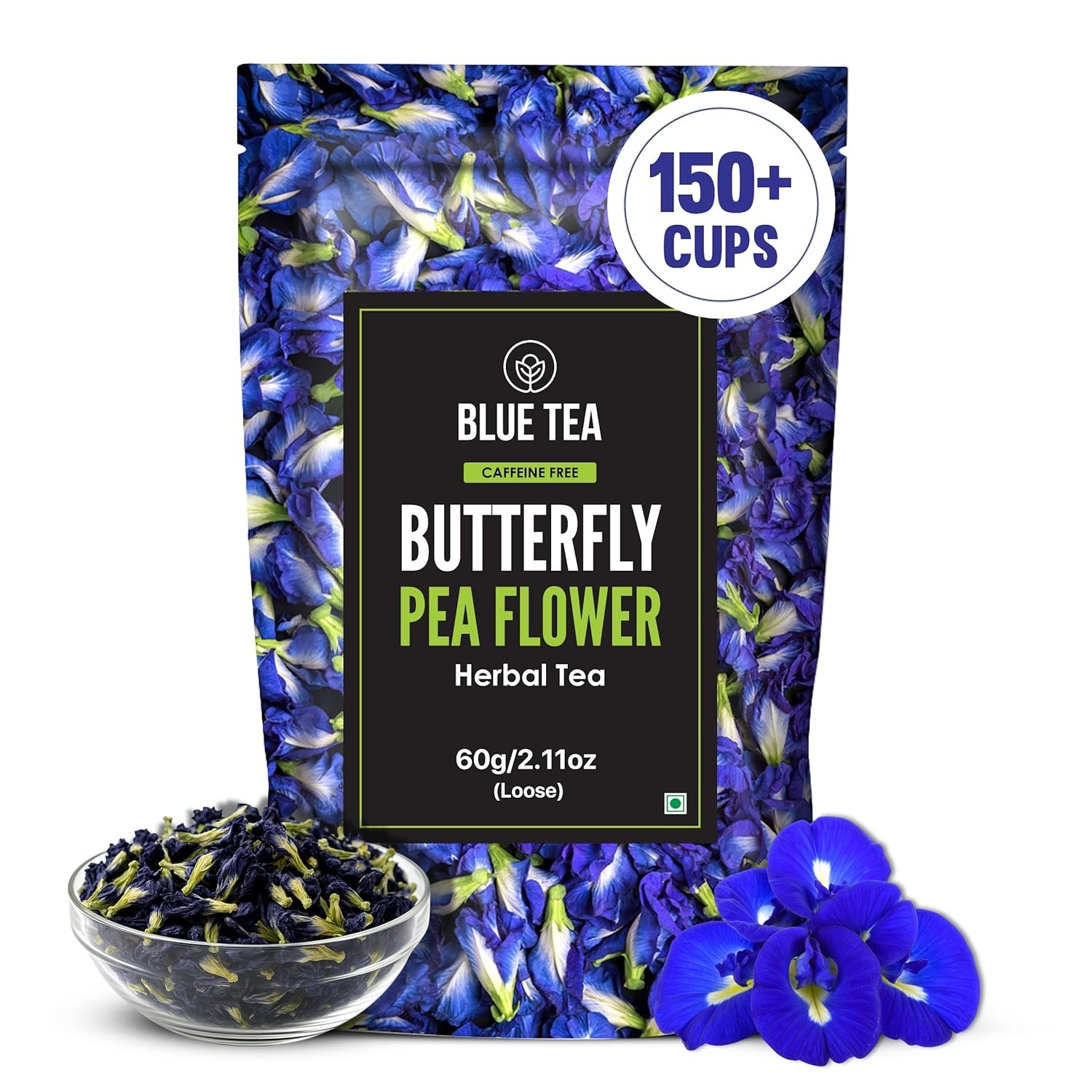 BLUE TEA – Butterfly Pea Flower Tea – 2.11 Oz (150+ Cups) | Antioxidant Rich | Chemical Free – Herbal Tea – Caffeine free – Non Bitter – No Preservatives | Zipper Pack