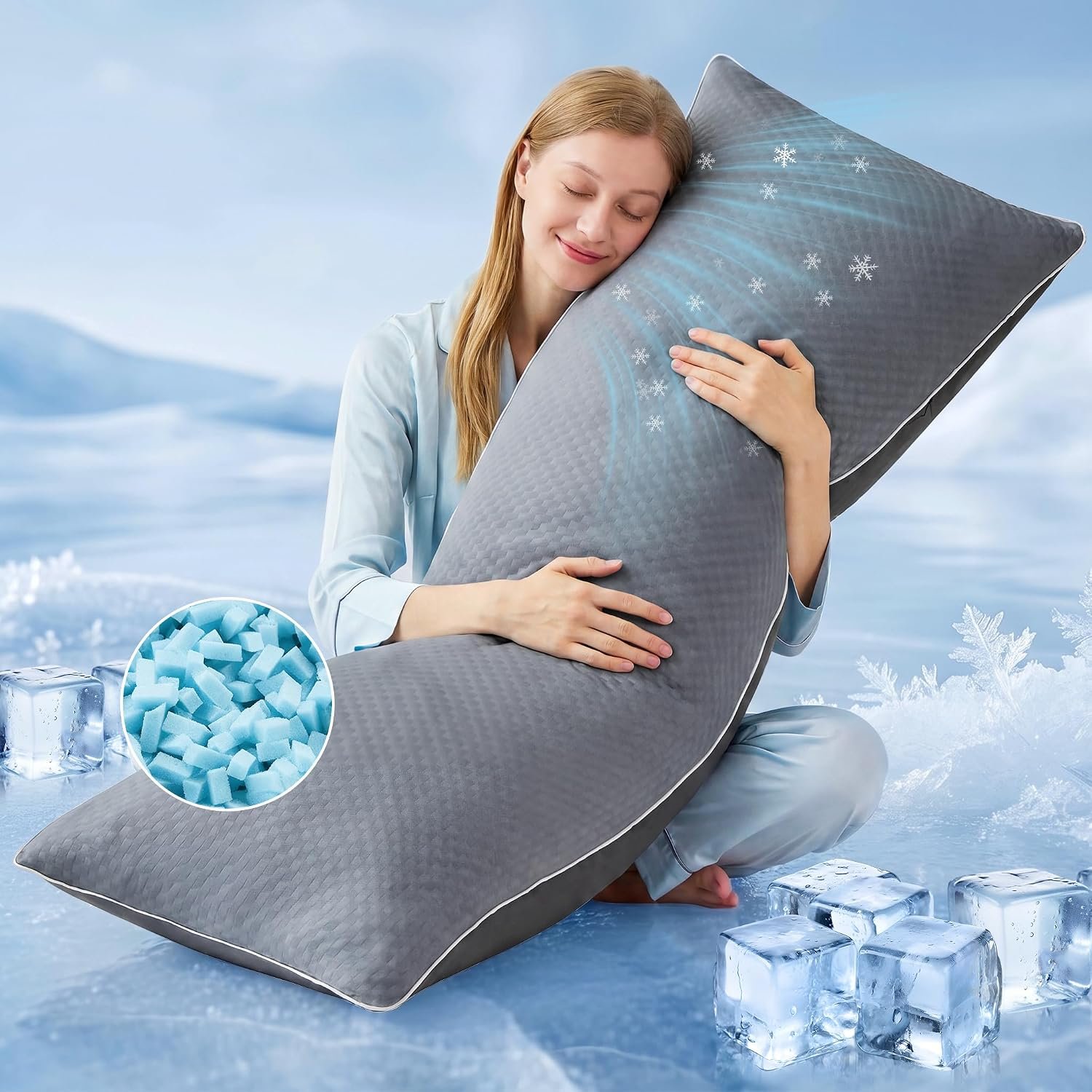 YZ HOME Cooling Body Pillow for Adults- Pillow Insert with Shredded Blue Memory Foam, Soft Support for Side Sleepper, Pregnant Women, Back Pain Relief, Washable Pillowcase (20×54 Inch, Grey)