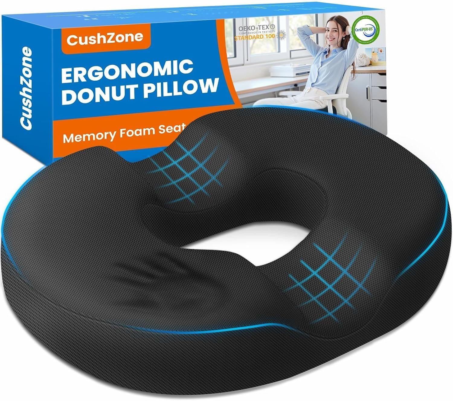 Donut Pillow Seat Cushion, Office Chair Cushion, Black, Large