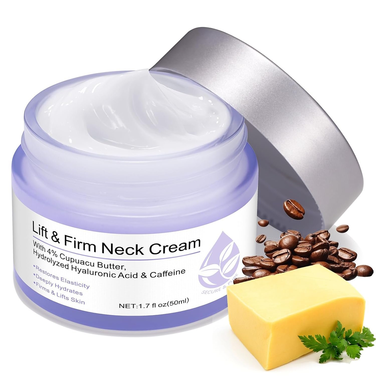 Neck Firming Cream – Anti Aging Neck Tightening Cream for Sagging Skin, 1.7 Fl Oz Neck & Chest Cream with 4% Cupuacu Butter, Hyaluronic Acid & Caffeine, Lifts Wrinkles & Fine Lines for Women & Men