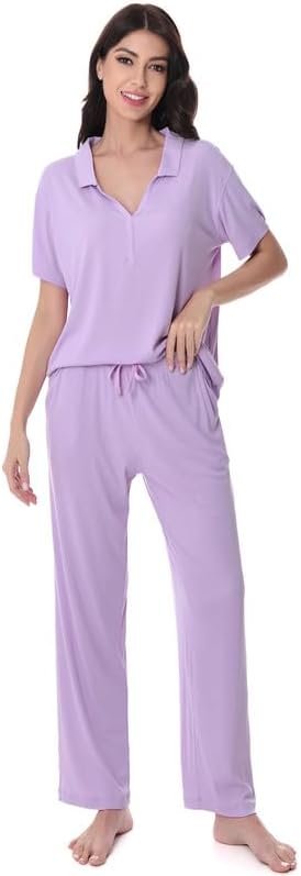 DAVID ARCHY Viscose from Bamboo Pajamas Set for Women Soft Ribbed Knit 2 Piece Lounge Set Cooling Pajamas with V-Neck