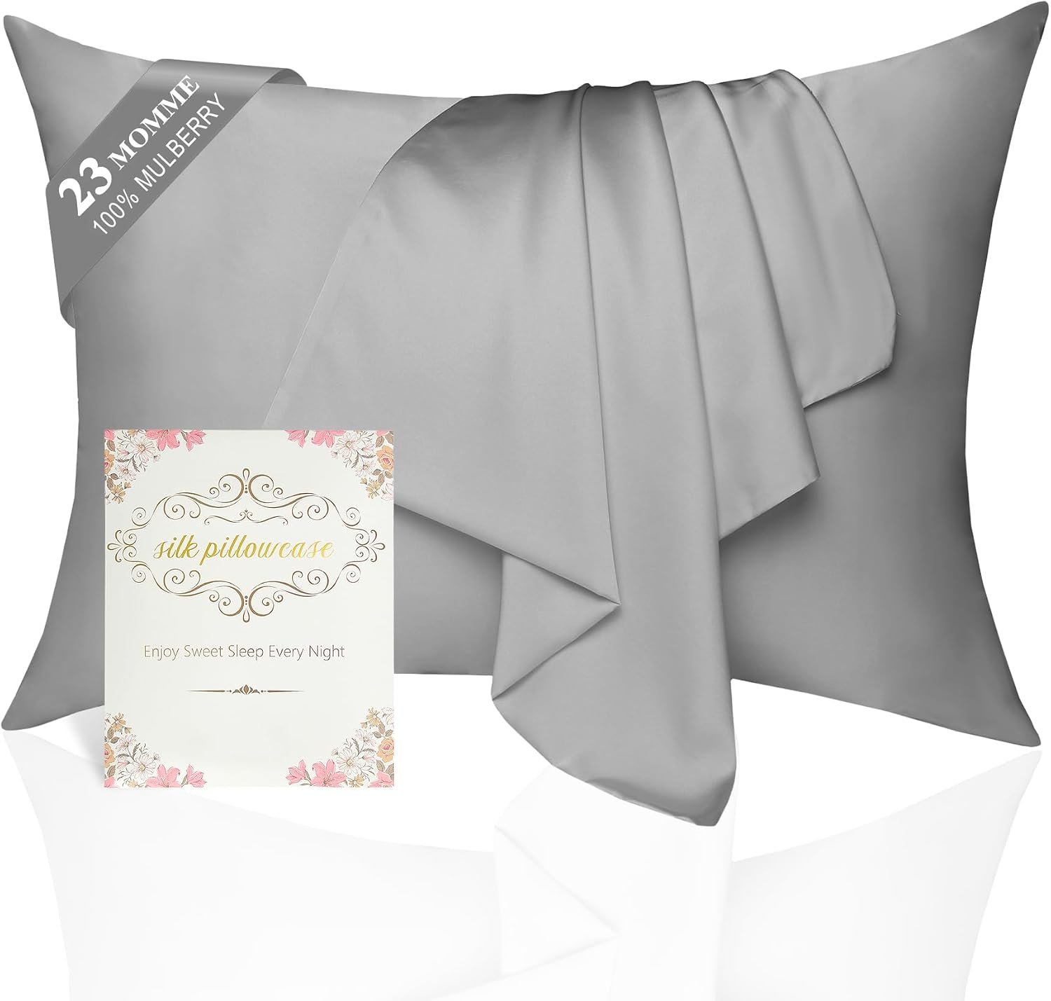 100% Mulberry Silk Pillowcase 2 Pack for Hair and Skin,Standard Size 6A Grade 23 Momme Pure Natural Silk Pillow Case,Soft Silk Pillow Cases with Hidden Zipper (Grey, Queen (20”×30”))