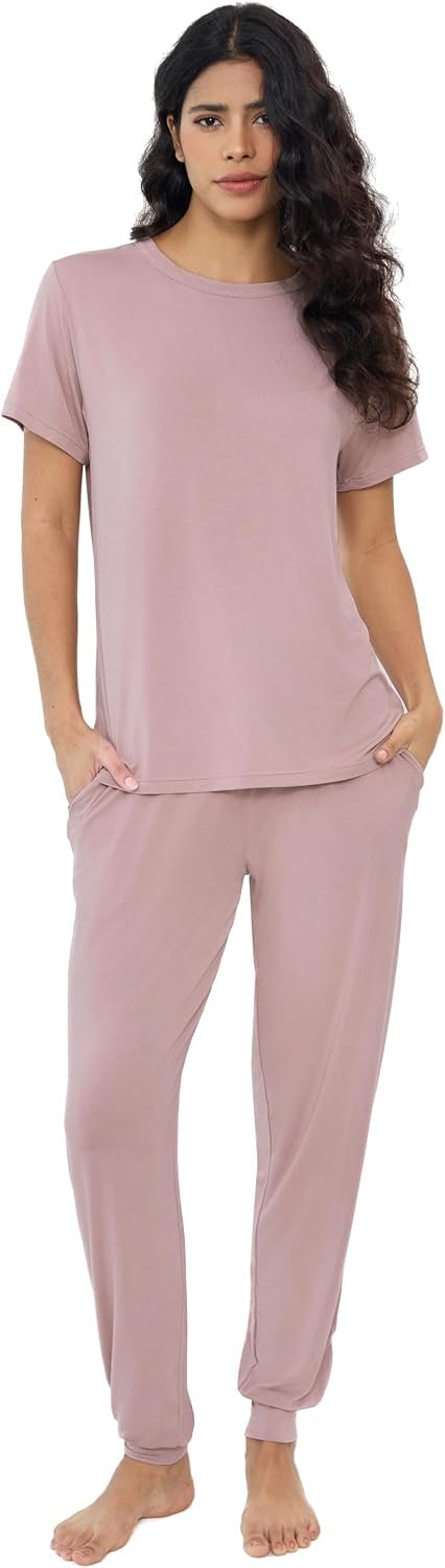 Joyaria Bamboo Viscose Pajamas Women Soft Cooling Short Sleeve Jogger Pants