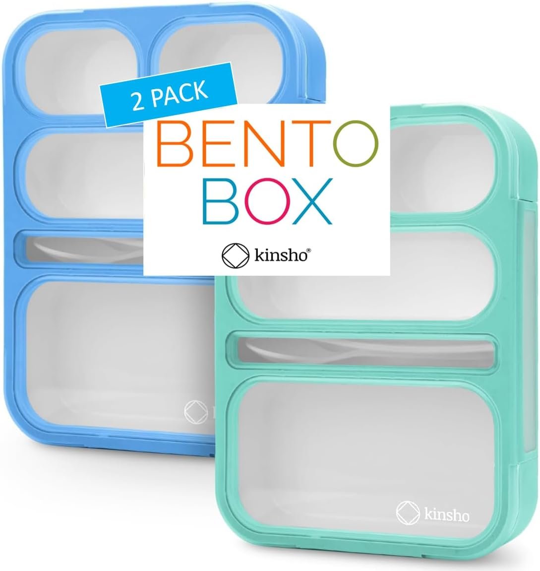 kinsho Bento Lunch-Box for Adults Kids Lunches, Portion Control Container Boxes for Women Girls Boys | Leak-Proof Snack Containers, BPA-Free Utensils 5 Compartments | Blue & Green 2 Pack Set