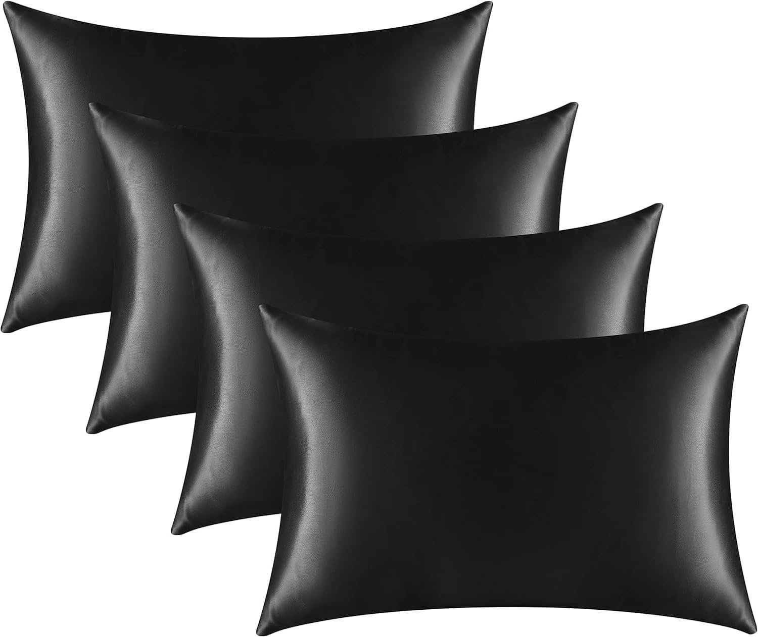 Satin Pillowcase for Hair and Skin, Black Pillow Cases Standard Size Set of 4 Pack Super Soft Pillow Case with Zipper Closure (Black, Standard(4 Pack))