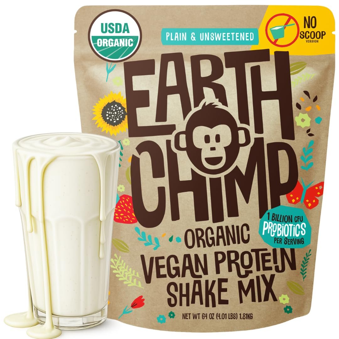 EarthChimp Organic Vegan Protein Powder – with Probiotics – Non GMO, Dairy Free, Non Whey, Plant Based Protein Powder for Women and Men, Gluten Free – 52 Servings 64 Oz (Plain & Unsweetened) No Scoop