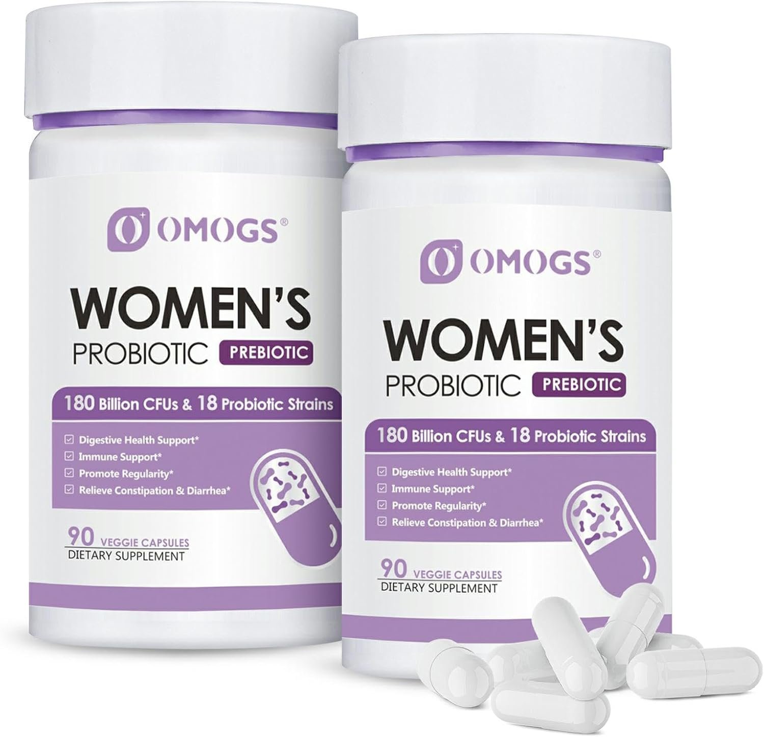 OMOGS 2PCS Women’s Probiotic 180 Billion CFUs 18 Strains, with Prebiotics, Cranberry Extract, D-Mannose & Digestive Enzymes, for Digestive,Immune, PH Balance & Urethral Health, 180 Capsules