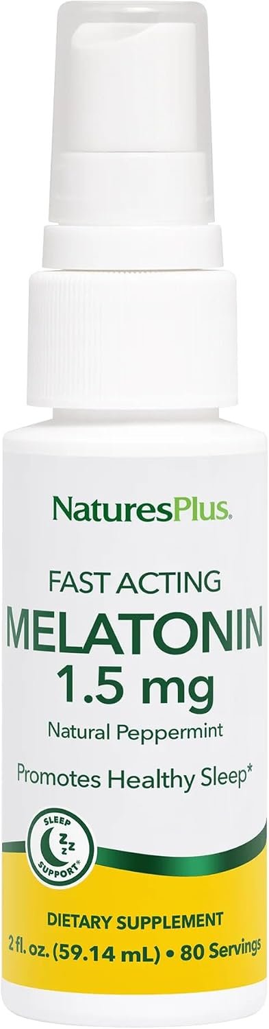 NaturesPlus Melatonin Spray, Natural Peppermint Flavor – 2 fl oz – with Vitamin B6 & E – Vegetarian, Gluten Free – 80 Servings