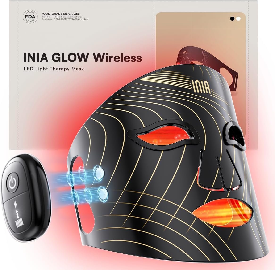 INIA GLOW Wireless Red Light Therapy Mask for Face, 850nm NIR, 272 LEDs