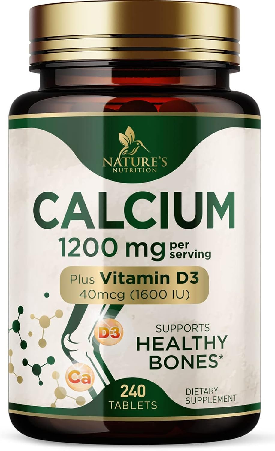 Calcium 1200 mg with Vitamin D3 – Bone Health Supplement, Vitamin D & Calcium Supplements for Women & Men – Bone Strength, Teeth & Immune Support, Nature’s Calcium Pills, Bottled in USA – 240 Tablets
