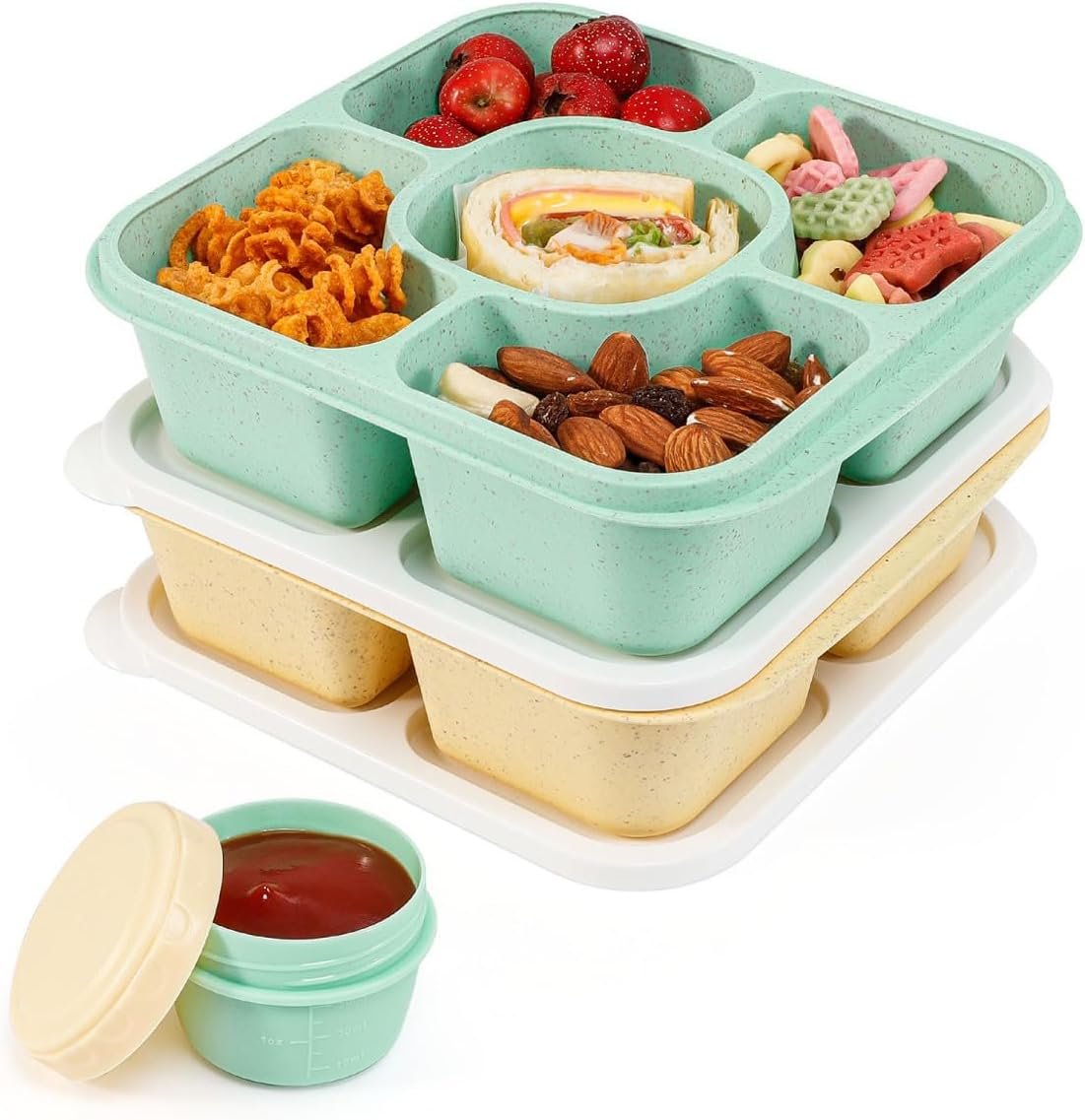 Original Lunchable Snack Containers – 5 Compartments Bento Snack Boxes with 1 Leakproof Small Containers, Wheat Straw, BPA-Free, Set of 2 (Green+Yellow)