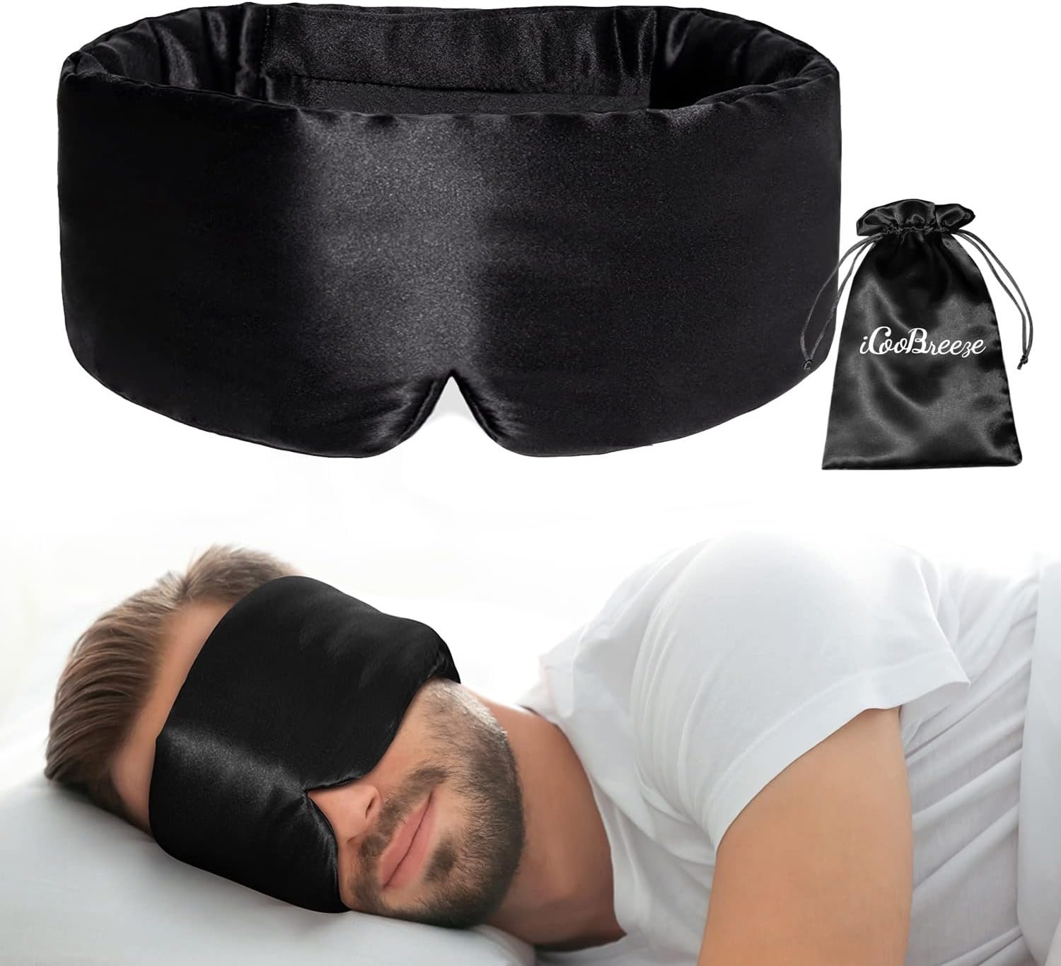 100% Natural Silk Eye Mask for Women Men, Soft Pressureless Cooling Blackout Eye Covers for Sleeping, Large Size Sleep Mask fits All Heads Adjustable, 1PC, Black
