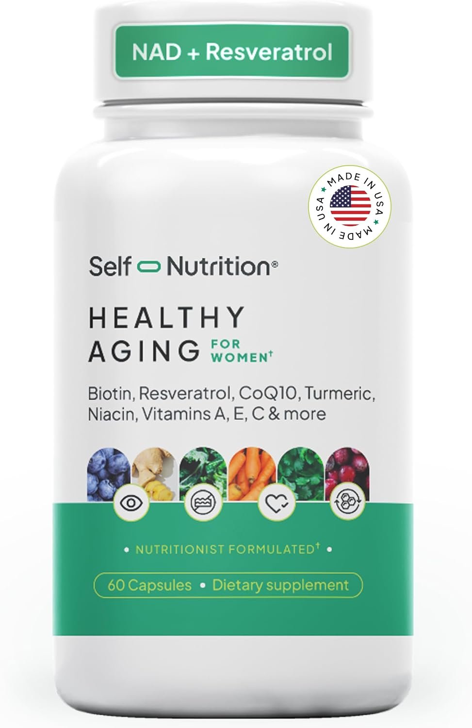 SELF NUTRITION NAD+ Resveratrol Supplement for Women – Healthy Aging Formula with CoQ10, Biotin, Turmeric & Vitamins A, C, E – Supports Energy, Skin & Longevity – 60 Capsules. Made in USA.