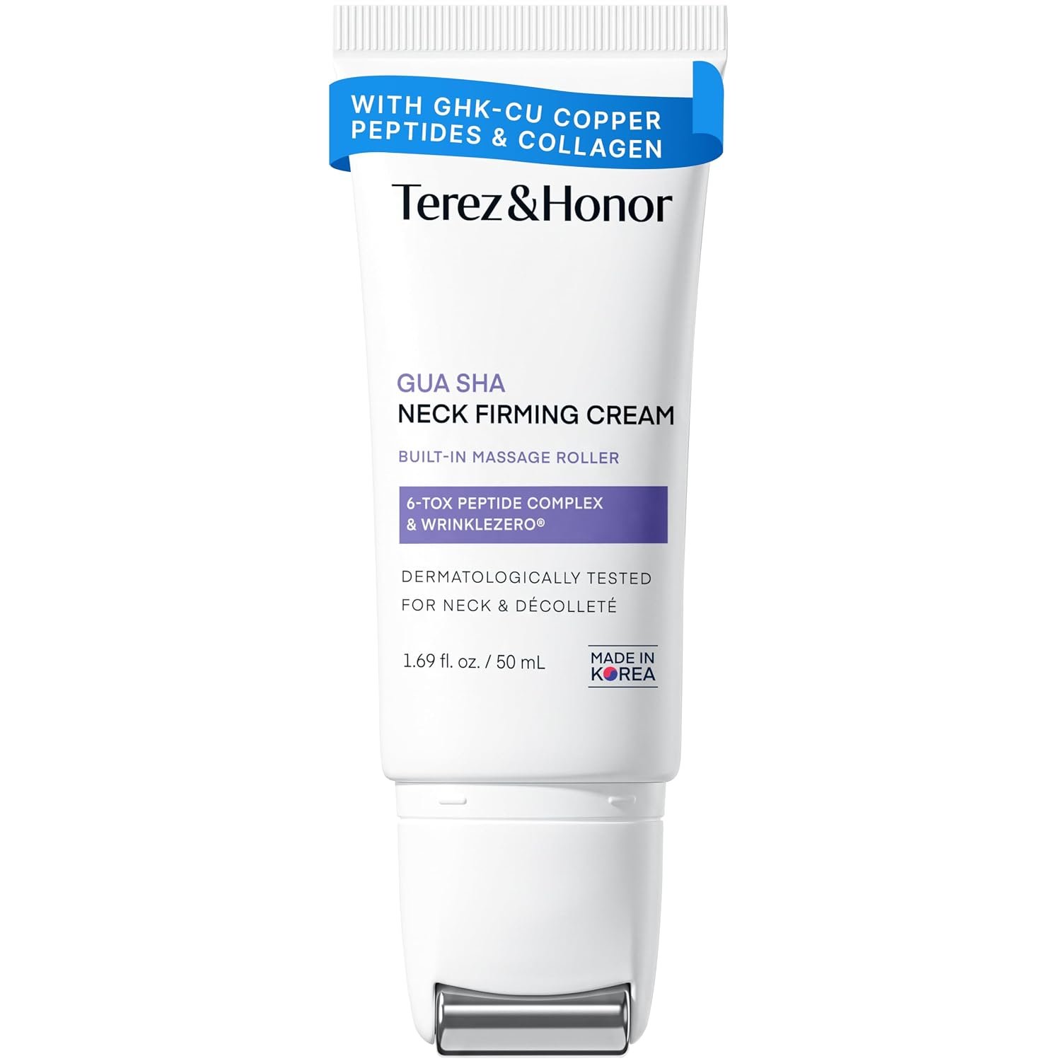 TEREZ & HONOR Gua Sha Neck Firming Cream: Korean Skin Care, Retinol, Collagen & GHK-CU Copper Peptide – Tightening & Lifting for Neck, Face & Décolleté with Built-In Massage Roller, 1.7 FL OZ