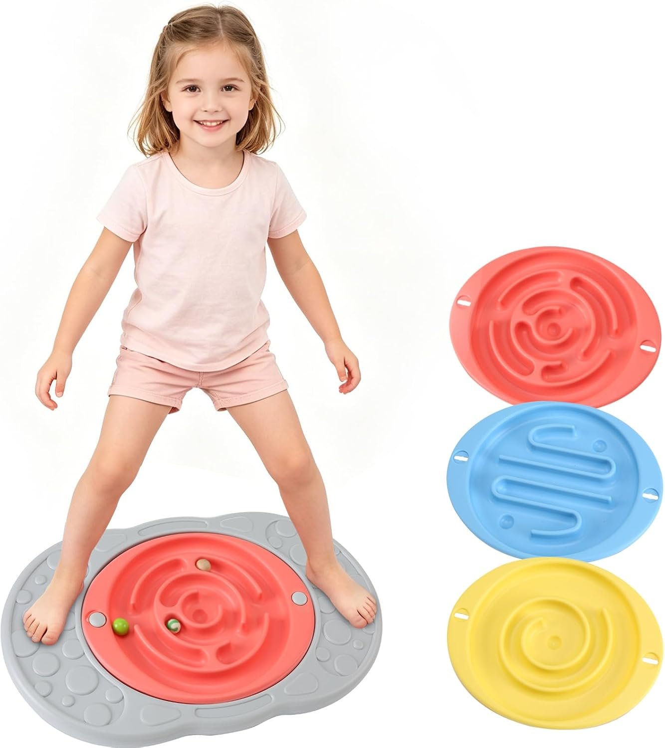 Balance Board with Maze for Kids, Labyrinth Wobble Board Rocking Seesaw Sensory Training with 2 Balls & 2 Replacement Labyrinth Disks, Non-Slip Pedals Indoor Outdoor for Boys Girls