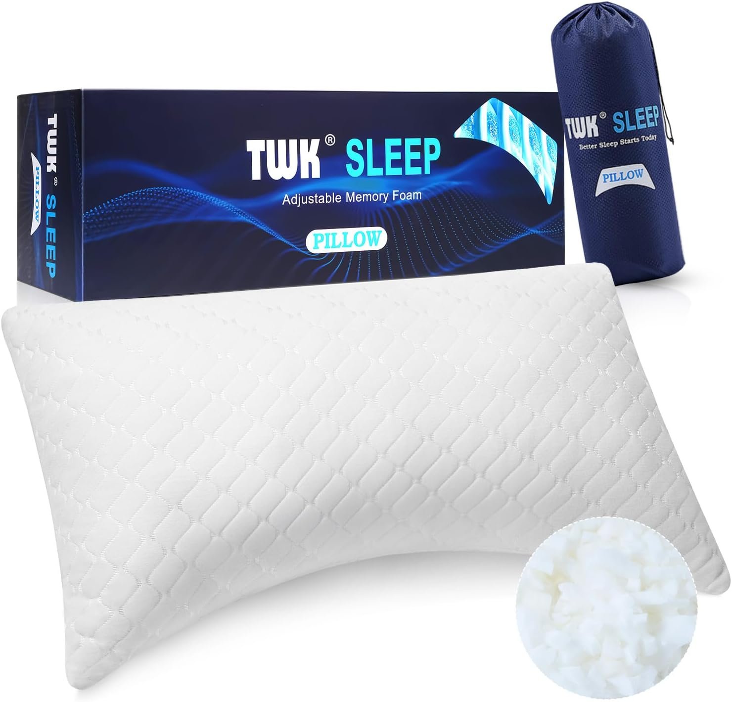 TWK Original Adjustable Bed Pillow Ergonomic Design for Sleeping, Good for Side, Back & Stomach Sleeper with Washable Removable Cover, Additional Foam Fill Included (White, Queen Size (1 Pack))
