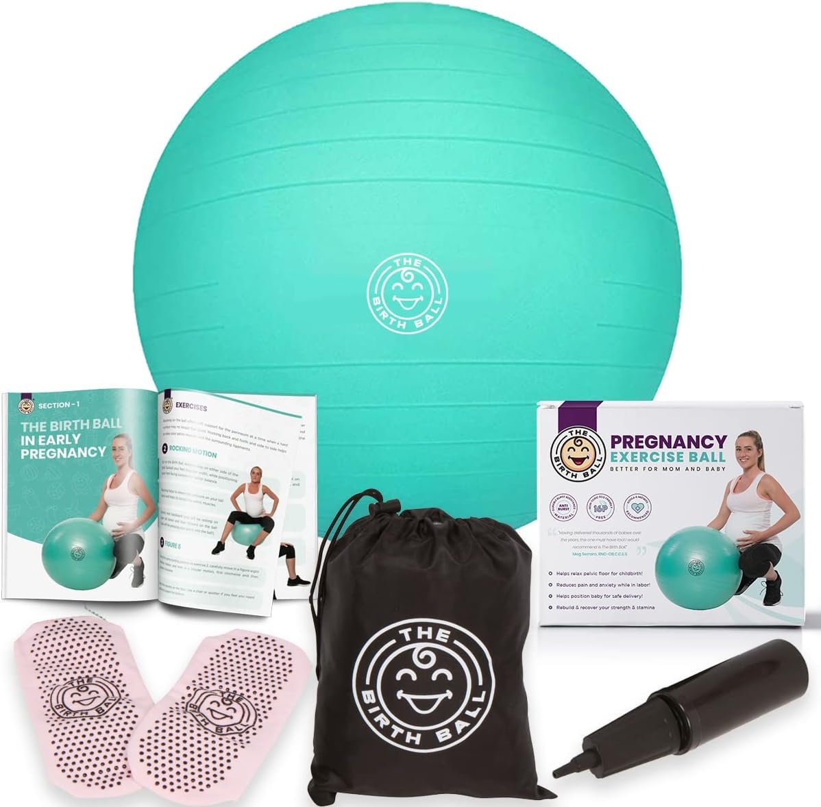 The Birth Ball – Birthing Ball for Pregnancy & Labor – 18 Page Pregnancy Ball Exercises Guide by Trimester – Non Slip Socks – How to Dilate, Induce, & Reposition Baby for Mom