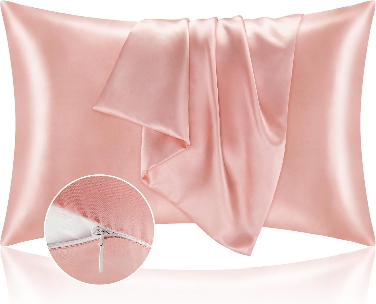 BEDELITE Zipper Satin Pillowcases, Standard Size 20″x26″, Coral, Set of 2