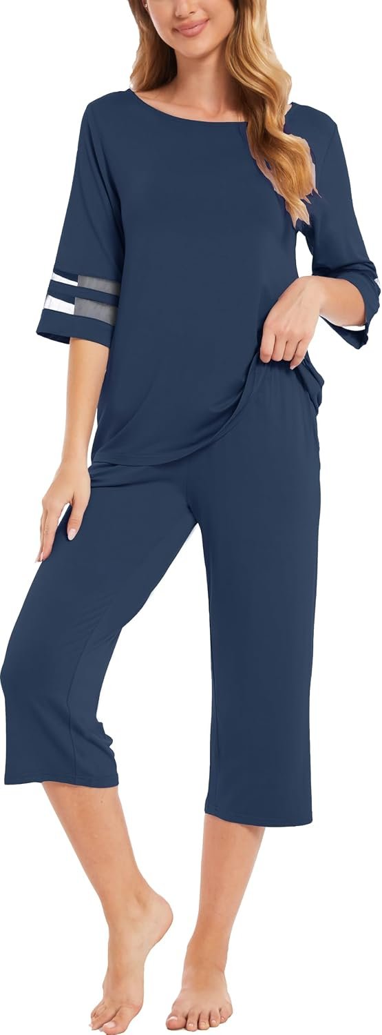 GYS Bamboo Viscose Capri Pajamas for Women Set Cooling 3/4 Sleeve Pjs
