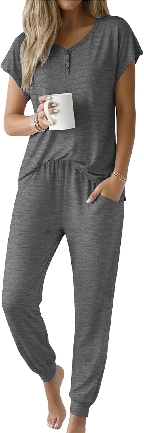 Ekouaer Viscose from Bamboo Women’s Pajama Sets Super Soft Short Sleeve Button Top and Pants Pj Sleepwear Sets S-XXL