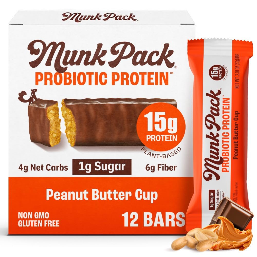 Munk Pack Peanut Butter Cup Probiotic Keto Protein Bars | 15g Plant Protein, 1g Sugar, 4g Net Carbs | Non-GMO, Plant-Based, Low Sugar, Gluten-Free Snacks | 12 Count